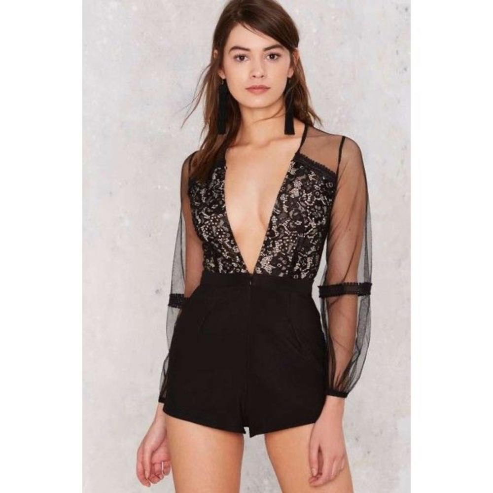 NWT Black Mesh Sleeved Plunging Romper
